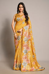 Yellow Tussar Art Silk Saree with Floral Thread Embroidery