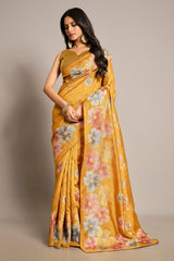 Yellow Tussar Art Silk Saree with Floral Thread Embroidery