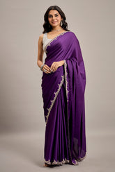 Deep Violet Satin Crepe Silk Saree with Diamond Embellishment Border - violet silk saree