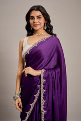 Deep Violet Satin Crepe Silk Saree with Diamond Embellishment Border - violet silk saree