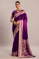 Mulberry Purple Satin Gaji Silk Saree with Woven Animal and Bird Motifs Border