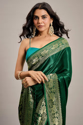 Dark Green Satin Silk Saree with Elephant Motifs Border - green silk saree