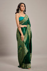 Dark Green Satin Silk Saree with Elephant Motifs Border