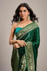 Dark Green Satin Silk Saree with Elephant Motifs Border - green silk saree