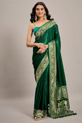 Dark Green Satin Silk Saree with Elephant Motifs Border - green silk saree