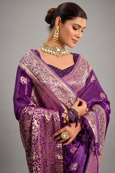 Palatinate Purple Satin Silk Bird and Animal Motif Woven Saree - purple silk saree