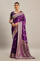 Palatinate Purple Satin Silk Bird and Animal Motif Woven Saree - purple silk saree