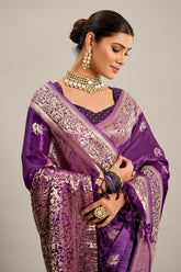 Palatinate Purple Satin Silk Bird and Animal Motif Woven Saree - purple silk saree