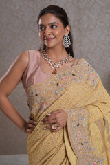 Light Yellow Designer Lucknowi Chikankari and Zardosi Worked Saree with Mukaish Work