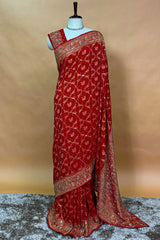 Red Georgette Animal and Bird Motif Woven Checks Bandhej Saree with Sequin Cutdana Work