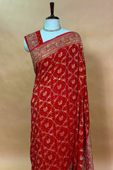 Red Georgette Animal and Bird Motif Woven Checks Bandhej Saree with Sequin Cutdana Work
