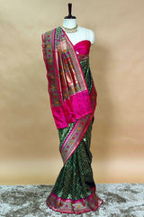 Bottle Green Semi Silk Woven Saree with Contrast Floral Border and Pallu