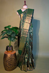 Bottle Green Kanchipuram Silk Traditional Animal and Bird Motif Woven Saree