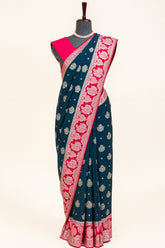 Dark Peacock Blue Silk Woven Elephant Butta Saree with Contrast Border and Pallu