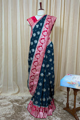 Dark Peacock Blue Silk Woven Elephant Butta Saree with Contrast Border and Pallu