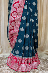 Dark Peacock Blue Silk Woven Elephant Butta Saree with Contrast Border and Pallu