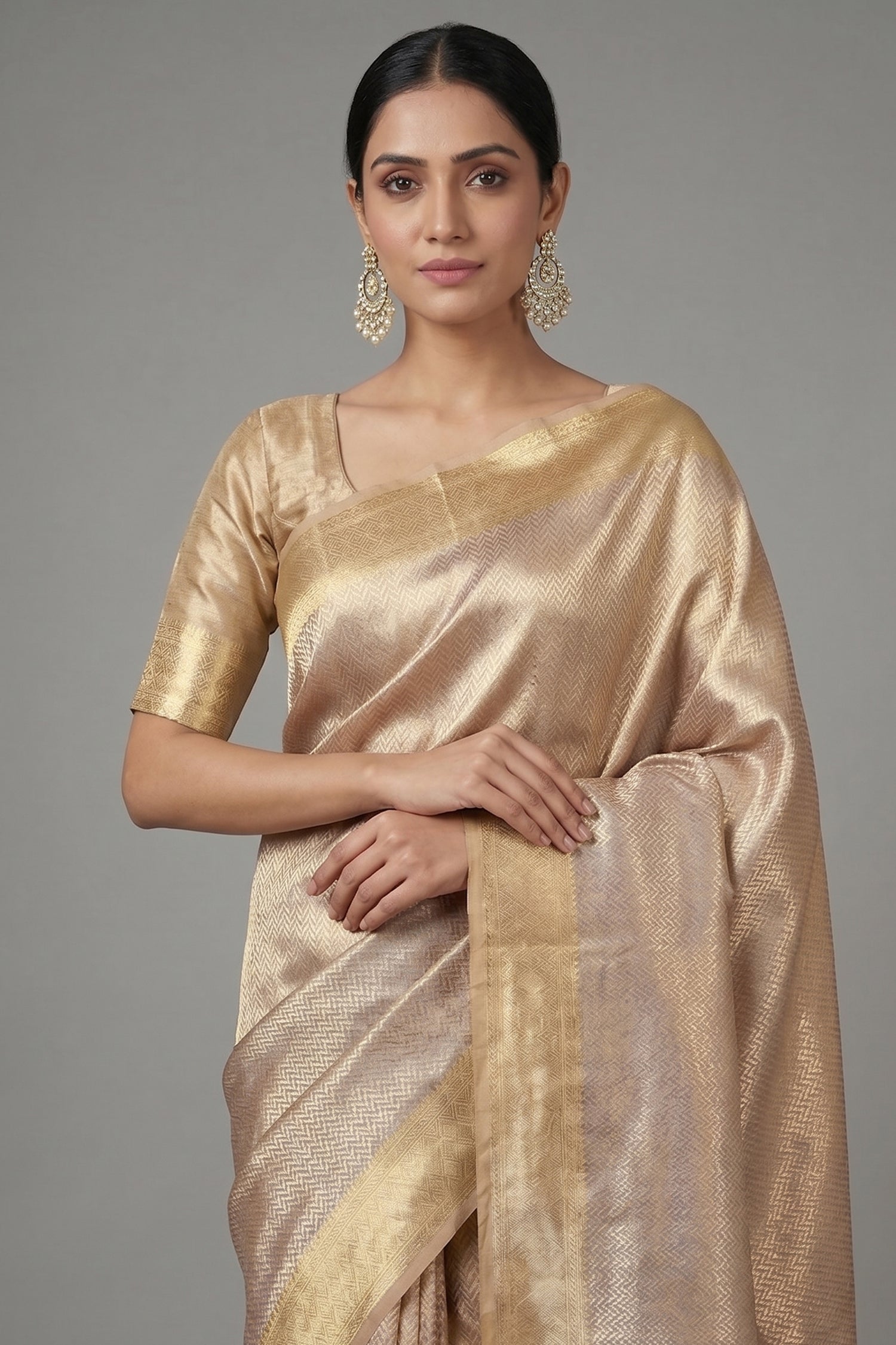 Golden Kanchipuram Tissue Silk Woven Saree - gold silk saree