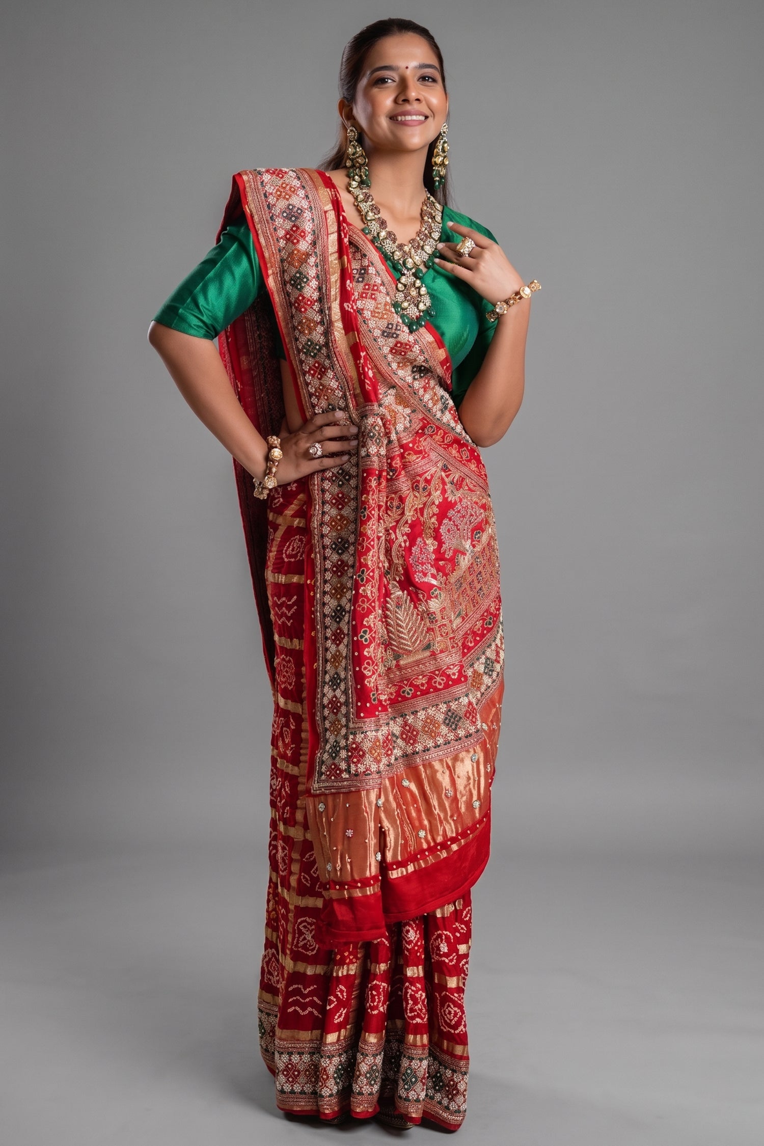 Red Cotton Traditional Checks Gharchola Saree with Handwork - red cotton saree