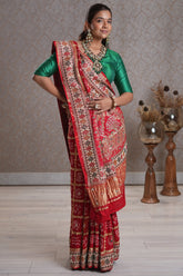 Red Cotton Traditional Checks Gharchola Saree with Handwork - red cotton saree