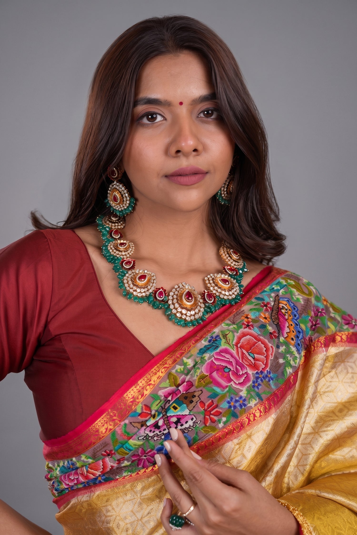 Golden Kanchipuram Silk Woven Saree with Petit Point Embroidery Border - gold silk saree embroidery