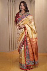 Golden Kanchipuram Silk Woven Saree with Petit Point Embroidery Border - gold silk saree embroidery