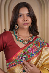 Golden Kanchipuram Silk Woven Saree with Petit Point Embroidery Border - gold silk saree embroidery