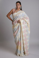 Off White and Multi Colored Organza All Over Lucknowi Embroidery and Sequin Worked Saree