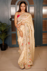 Golden Dola Silk Floral Woven Saree with Sequin Cutdana and Resham Work Border - gold silk saree