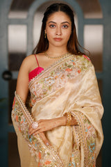 Golden Dola Silk Floral Woven Saree with Sequin Cutdana and Resham Work Border