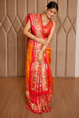Orange Banarasi Silk Traditional Saree with Contrast Broad Patola Border