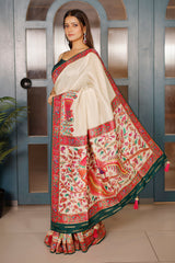 Cream Dola Silk Saree with Pashmina Print Border and Pallu