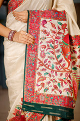 Cream Dola Silk Saree with Pashmina Print Border and Pallu