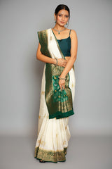 Off White Dola Silk Woven Butta Saree with Contrast Woven Border and Patola Pallu