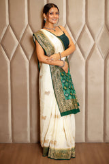 Off White Dola Silk Woven Butta Saree with Contrast Woven Border and Patola Pallu