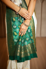 Off White Dola Silk Woven Butta Saree with Contrast Woven Border and Patola Pallu