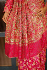 Pink Georgette Bandhej Traditional Saree with Kaat and Sequin Beaded Work