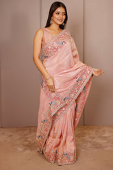 Pink Tissue Resham Embroidered and Diamond Worked Saree - red saree embroidered