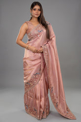 Pink Tissue Resham Embroidered and Diamond Worked Saree - red saree embroidered