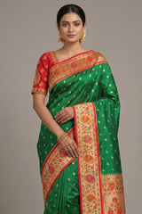 Green Silk Traditional Paisley Woven Saree with Contrast Border and Pallu - green silk saree