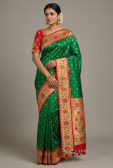 Green Silk Traditional Paisley Woven Saree with Contrast Border and Pallu