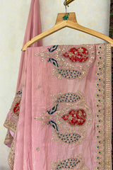 Pink Chiffon Shimmer Saree with Peacock Motif Embroidered Butta