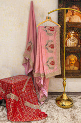 Pink Chiffon Shimmer Saree with Peacock Motif Embroidered Butta