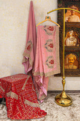 Pink Chiffon Shimmer Saree with Peacock Motif Embroidered Butta