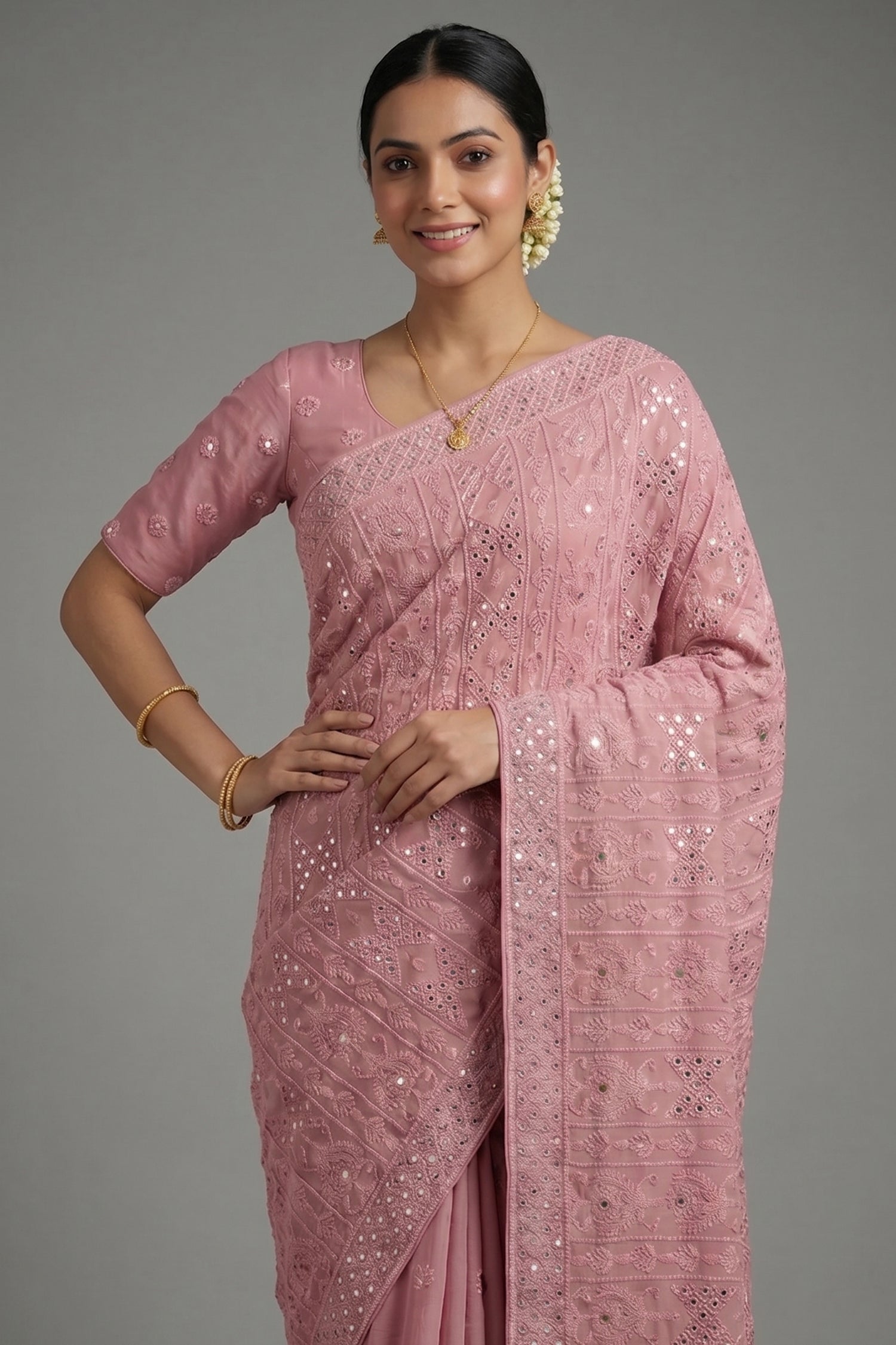 Light Baby Pink Georgette Lucknowi Worked Saree with Mukaish Work - pink georgette saree