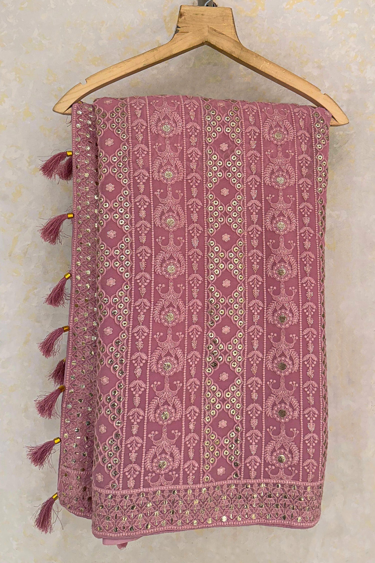 Light Baby Pink Georgette Lucknowi Worked Saree with Mukaish Work - pink georgette saree