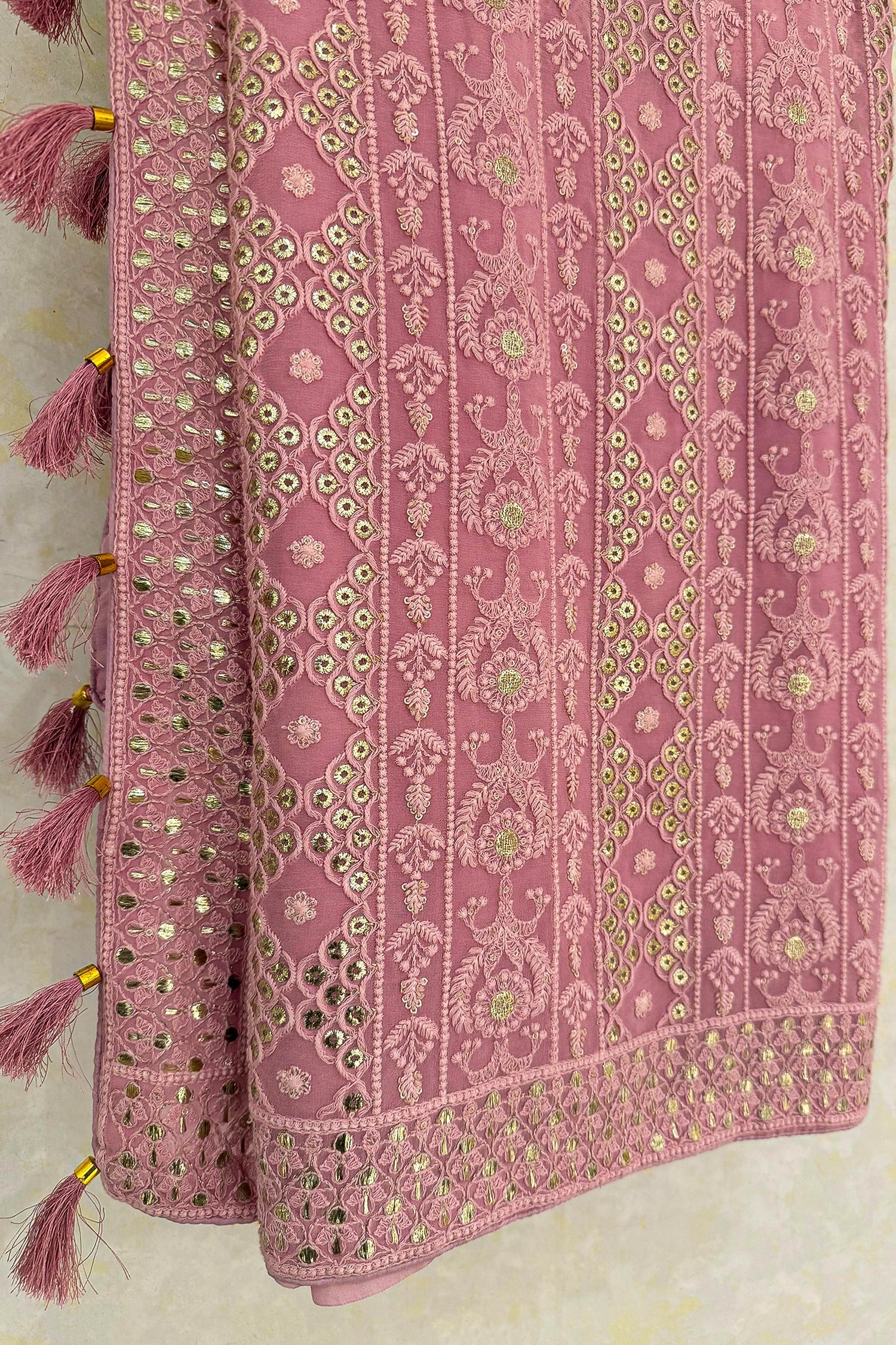 Light Baby Pink Georgette Lucknowi Worked Saree with Mukaish Work - pink georgette saree