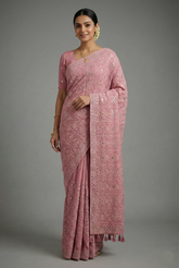 Light Baby Pink Georgette Lucknowi Worked Saree with Mukaish Work - pink georgette saree