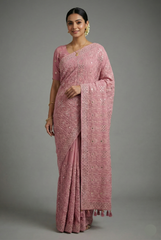 Light Baby Pink Georgette Lucknowi Worked Saree with Mukaish Work - pink georgette saree