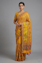 Yellow Dola Silk Pashmina Printed Saree with Sequin Cutdana Work - yellow silk saree