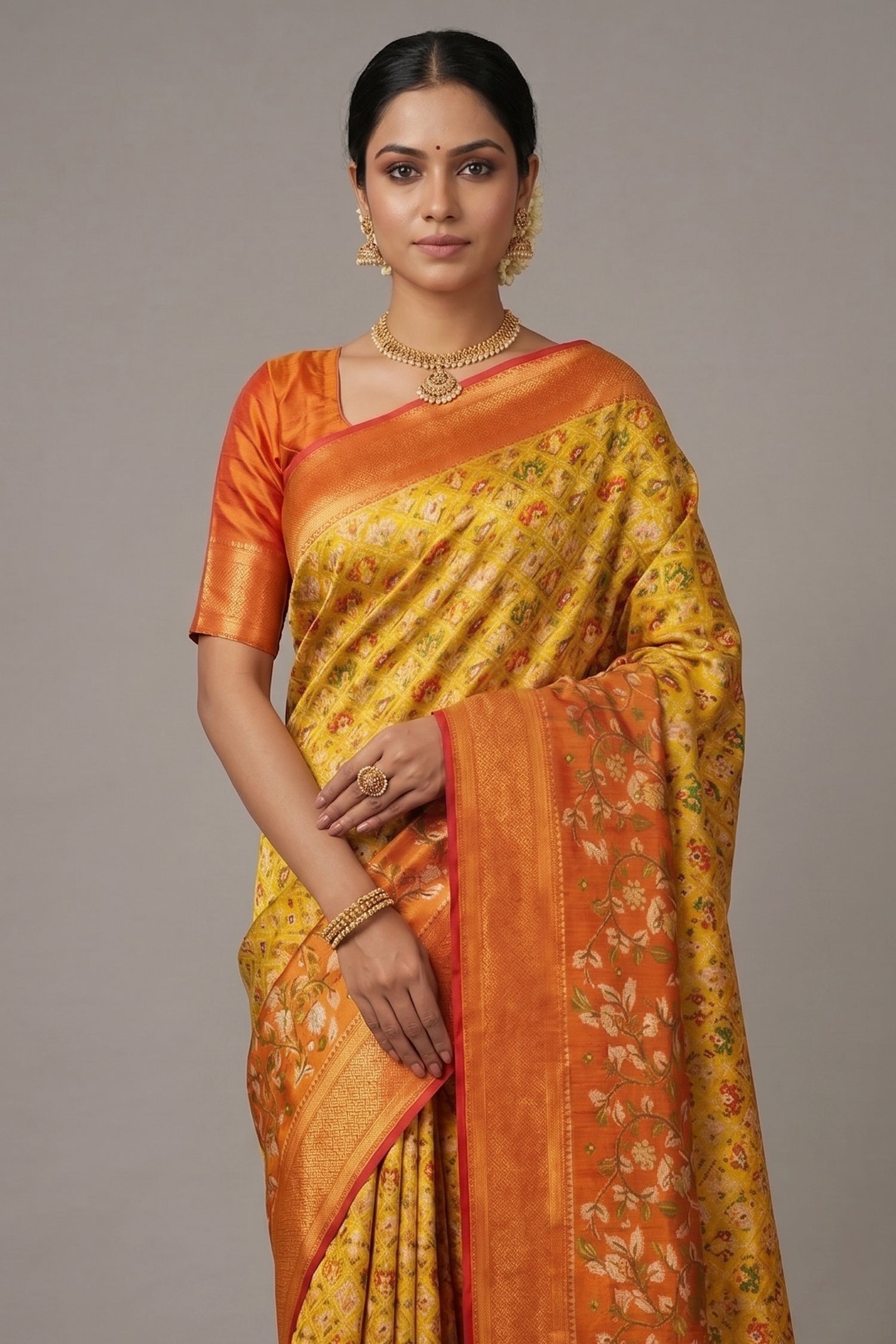 Mustard Yellow Kanchipuram Tissue Silk Checks Woven Patola Saree - yellow silk saree patola